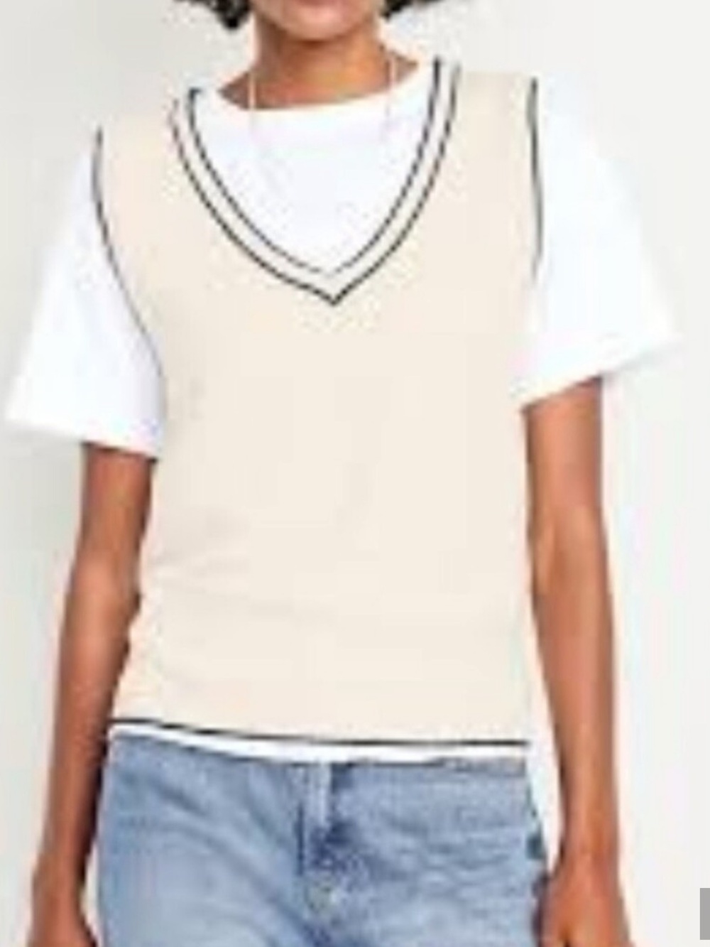 Old Navy Cream V-Neck  Sweater Vest with Black Trim